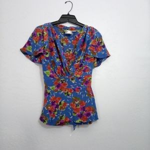 Anthro Girls from Savoy 100% Silk V-Neck Floral Dayflower Peplum Blouse Top Sz 6